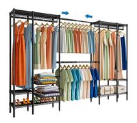 KZOBYD Extendable Clothes Rails, Coat Rails Coat Stand with Pull-out Baskets, Heavy Duty Clothing Garment Rack Freestanding Wardrobe Closet Organizer Clothing Rack with Adjustable Shelves(Black)