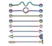 Kzslive 14G 8 PCS Industrial Barbell Jewellery Surgical Steel for Women Men Cartilage Earring Body Piercing 1 1/2 Inch 38mm Rainbow
