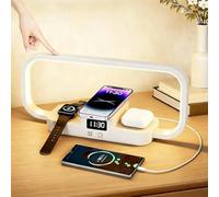 KZT Bedside Lamp Wireless Charger 3 in 1 Touch Wood Table Lamps with USB Port LED Desk Lamp with Clock for Adults and Children Bedroom, White