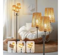 KZT Dimmable Floor Lamp Living Room 3-Bulb Retro Floor Lamp E27 Boho Rattan Floor Lamp Vintage Reading Lamp with Rotary Switch 3 Lighting Modes 3000 K for Office Bedroom Sofa Black 165 cm