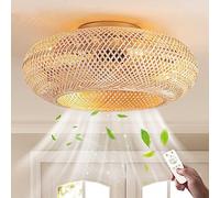 KZT Mute Ceiling Fan Lights with Remote Control E27 Ceiling Fans with Lamp Retro Industrial Silent Fan Lighting Vintage Rattan Lampshape Basket Chandelier for Bedroom Living Room Dining Room Kitchen