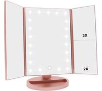 Kztm Vanity Cosmetic/Makeup Mirror with LED Lights, Touch Screen, Magnification Tri-Fold 2X 3X Magnifying, 180° Free Rotation, Dual Power Supply for Bedroom And Bathroom (Pink)