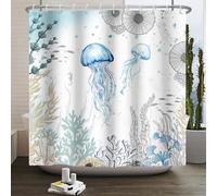 Kzzfqxb 105x160cm Kids Shower Curtains Waterproof Marine Life Jellyfish Waterweeds Coral Seahorse Underwater World, Polyester Fabric with Plastic Hooks for Bathtub, White Blue Decoration for Bathroom
