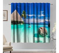 Kzzfqxb 107x160cm Rod Pocket Curtains 2 Panels, Thatched House Palm Tree Limpid Ocean Water Clear Ripples Scattered Stones Beach Scenery Window Drapes, Fresh Decor for Bedroom Living Room