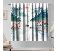 Kzzfqxb 117x138cm 2 Panels Chinese Painting Curtains, Sunrise Birds Green Mountains River Boats Peach Trees Blossoms Reflection Spring Scenery Drawing Window Drapes for Living Room Bedroom