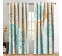 Kzzfqxb 117x138cm Rod Pocket Curtains 2 Panels, Cool Ocean Creatures Beach Seashell Conchs Corals Starfish Pattern Light Filtering Window Drapes, Light Blue Orange Decoration for Living Room Bedroom