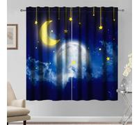 Kzzfqxb 117x183cm Rod Pocket Curtains 2 Panels, Dreamy Night Sky Silver Earth and Bright Yellow Moon Stars Space Light Filtering Window Drapes, Romantic Blue Decoration for Living Room Bedroom