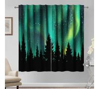 Kzzfqxb 132x214cm Forest Silhouettes Curtains 2 Panels, Green Northern Polar Arctic Lights Pine Trees Black Contour Woodland Landscape Window Drapes, Fantasy Decor For Living Room Bedroom