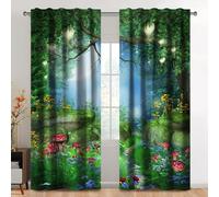 Kzzfqxb 135x229cm Curtains 2 Panels, Fairy Tale Forest Luminous Lanterns on Trees Red Mushrooms Flowers in Grassland Rod Pocket Window Drapes, Fantasy Magical Decor for Living Room Bedroom