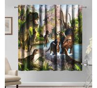 Kzzfqxb 140x229cm Brown Cartoon Curtains 2 Panels, Jurassic Age Dinosaurs Homeland Green Forest Blue River Painting Window Drapes, Fantasy Fun Decor for Kids Bedroom Nursery Living Room