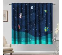 Kzzfqxb 140x229cm Space Explorer Curtains 2 Panels, Astronaut Rocket Earth Planets Galaxy Dreamy Starlit Rod Pocket Window Drapes, Fantasy Dark Blue Decor for Kids Boys Bedroom Living Room Nursery