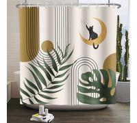 Kzzfqxb 152x183cm Boho Shower Curtains with Hooks, Mid Century Arch Beige Brown Sun Moon Cat Green Leaves Modern Art Occluded Waterproof for Bath, Polyester Fabric Bathroom Bathtub Esthetic Decor
