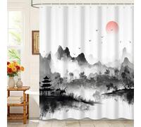Kzzfqxb 152x183cm Foggy Shower Curtains with Hooks, White Mist Black Mountains Red Sun Trees Scenery Chinese Ink Painting Occluded Waterproof for Bath, Polyester Fabric Bathroom Bathtub Nature Decor