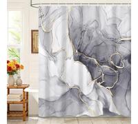 Kzzfqxb 152x183cm Shower Curtains with Plastic Hooks, Waterproof Occluded Grey Marble Texture Golden Curve Lines Flowing Smoke Art Pattern for Bath, Polyester Fabric for Bathroom Bathtub
