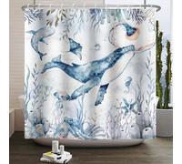 Kzzfqxb 180x180cm Kids Shower Curtains Marine Life Blue Whales Manta Starfish Octopus Corals Underwater World, Waterproof Polyester Fabric, with Plastic Hooks, Blue Decoration for Bathroom Bathtub
