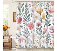 Kzzfqxb 180x200cm Floral Shower Curtains with Plastic Hooks, Botanical Herbs Yellow Pink Flowers Green Leaves Stems Waterproof Occludedant for Bath, Elegant Polyester Fabric for Bathroom Bathtub