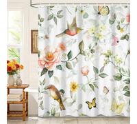 Kzzfqxb 180x200cm Floral Shower Curtains with Plastic Hooks, Botanical Pink Yellow Flowers Leaves Birds Butterflies Waterproof Occluded for Bath, Elegant Polyester Fabric for Bathroom Bathtub