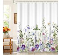 Kzzfqxb 180x200cm White Background Floral Shower Curtains with Plastic Hooks, Botanical Herbs Purple Flowers Daisy Waterproof Occluded for Bath, Elegant Polyester Fabric for Bathroom Bathtub