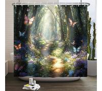 Kzzfqxb 183x198cm Shower Curtains with Plastic Hooks, Wonder Sunshine Forest with Colorful Flowers and Butterflies Waterproof Occluded for Bathtub, Beautiful Oil Painting Polyester Fabric for Bathroom