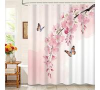 Kzzfqxb 183x213cm Floral Shower Curtains with Plastic Hooks, Pink Flowers Peach Tree Branches with Flying Butterflies Waterproof for Bathtub, Elegant Beautiful Polyester Fabric for Girls Bathroom