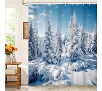 Kzzfqxb 183x213cm Shower Curtains with Plastic Hooks, Christmas New Year Rural Blue Sky Snow Covered Earth and Pine Trees Waterproof Polyester Fabric for Bathtub, Winter Decoration for Bathroom