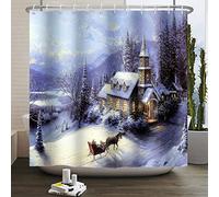 Kzzfqxb 183x213cm Shower Curtains with Plastic Hooks, Festival Christmas New Year Snow Country Dusk Carriage Back Home Waterproof Polyester Fabric for Bathtub, Winter Blue Decoration for Bathroom