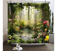 Kzzfqxb 183x213cm Shower Curtains with Plastic Hooks, Lush Green Wonder Flowers Forest Lotus in Pond Oil Painting Occluded for Bathtub, Refreshing Beautiful Garden Polyester Fabric for Bathroom