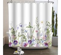 Kzzfqxb 183x213cm White Background Floral Shower Curtains with Plastic Hooks, Botanical Herbs Purple Flowers Daisy Waterproof Occluded for Bath, Elegant Polyester Fabric for Bathroom Bathtub