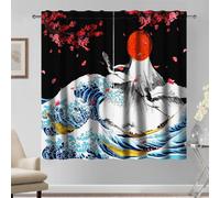 Kzzfqxb 2 Panels 117x138cm Japanese Style Curtains, Ukiyoe Red Sun Mount Fuji Hokusai The Great Wave Flying White Cranes Window Drapes, Oriental Art Decor for Kitchen Living Room Bedroom