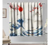 Kzzfqxb 2 Panels 117x138cm Japanese Style Curtains, Ukiyoe Red Sun Plum Blossoms Hills Hokusai The Great Wave Flying Cranes Window Drapes, Oriental Art Decor for Kitchen Living Room Bedroom