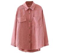 (L, Apricot) Women Corduroy Velvet Long Sleeve Blouse Turn-Down Collar Button Down Vintage Shirt Solid Color Asymmetric Loose Autumn for Jacket Tops with Pocket