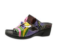 L’Artiste Women's Sumacah Slide Sandal, Leather, Hand-Painted, Bohemian, Comfortable, S-3XL#Z Black