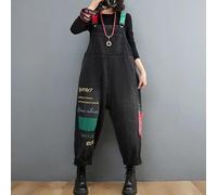 (L, black) Letter Embroidered Denim Overalls Women's Korean Version of The Net Red Age-reducing Loose and Thin Casual Harlan One-piece Trousers