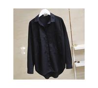 (L, black) Pure Cotton Double Pocket White Shirt Women Long-sleeve Blouse Spring Autumn Tops Lapel Buttoned Irregular Shirts