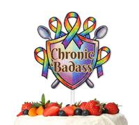 L-Ca-0716 Glitter Colorful Chronic Badass Rainbow Ribbon Shield Cake Topper Cheer to Cancer Awareness Theme Anniversary Party Decoration for Men Women Happy Birthday Decor