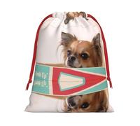 L Christmas Drawstring Bag â€“ Festive Papillon in the box Print Xmas Party Sacks, Reusable Plush Holiday Pouches
