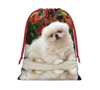 L Christmas Drawstring Bag â€“ Festive Short-haired pomeranian dog Print Xmas Party Sacks, Reusable Plush Holiday Pouches
