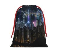 L Christmas Drawstring Bag â€“ Reusable Aerial Night of View Hong Kong Print Xmas Party Holiday Sacks, Wedding Favors, Birthdays Bags