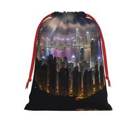 L Christmas Drawstring Bag â€“ Reusable Aerial Night of View Hong Kong Print Xmas Party Holiday Sacks, Wedding Favors, Birthdays Bags