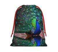 L Christmas Drawstring Bag â€“ Reusable Beautiful peacock Print Xmas Party Sacks, Treats & Favors for Holiday, Weddings