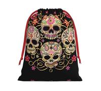 L Christmas Drawstring Bag â€“ Reusable Day Of The Dead Skull Print Xmas Party Sacks, Treats & Favors for Holiday, Weddings