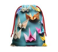 L Christmas Drawstring Bag â€“ Reusable origami paper crane Print Xmas Party Holiday Sacks, Wedding Favors, Birthdays Bags