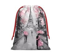 L Christmas Drawstring Bag â€“ Reusable Paris Street Eiffel Tower Pink Floral Print Xmas Party Sacks, Treats & Favors for Holiday, Weddings