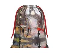 L Christmas Drawstring Bag â€“ Reusable Rainy Street In Paris Print Xmas Party Holiday Sacks, Favor Bags for Birthdays, Weddings