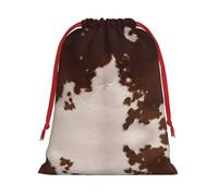 L Christmas Drawstring Bag â€“ Reusable red brown cowhide Print Xmas Party Sacks, Treats & Favors for Holiday, Weddings