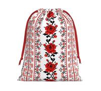 L Christmas Drawstring Bag â€“ Reusable Ukrainian Embroidery Style Rose Print Xmas Party Sacks, Treats & Favors for Holiday, Weddings