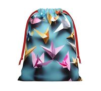 L Christmas Drawstring Bag - Origami Paper Cranes Print Holiday Sacks Bag, Treats - Plush Pouches for Birthdays, Weddings