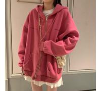 (L, dark pink) Padded Thickened Sweater Women's Loose Hooded Autumn And Winter Cardigan Zip Student Plus Size Jacket
