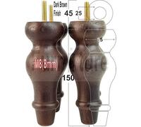 L&F 4 Dark Brown Turned Solid Oak Wood Furniture Legs Replacement Settee Feet 150mm High Sofa Chair Bed M8 Sof3214