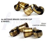L&F 4X Antique Brass Castor & Cup Replacment 32mm Antique Brass Castors Fix With Screw Or Bolt Not Supplied